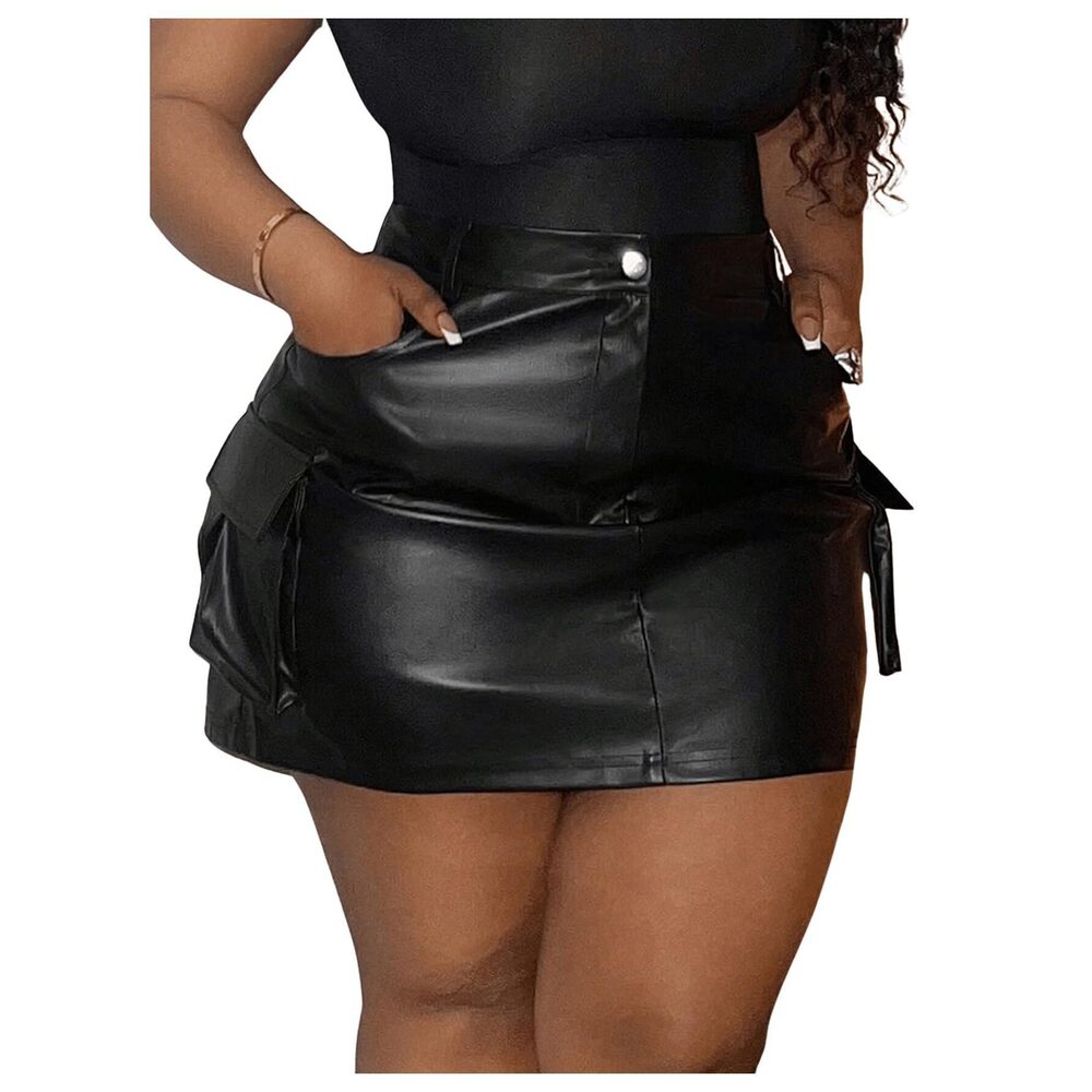 3811 Plus Size PU Leather Mini Skirt High Waisted Flap Pocket Cargo Skirt